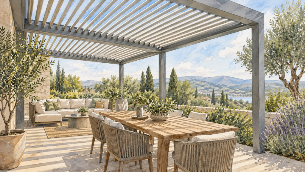 Generic adjustable louvered roof above an open-sided patio. Concept visualization · Not a customer installation