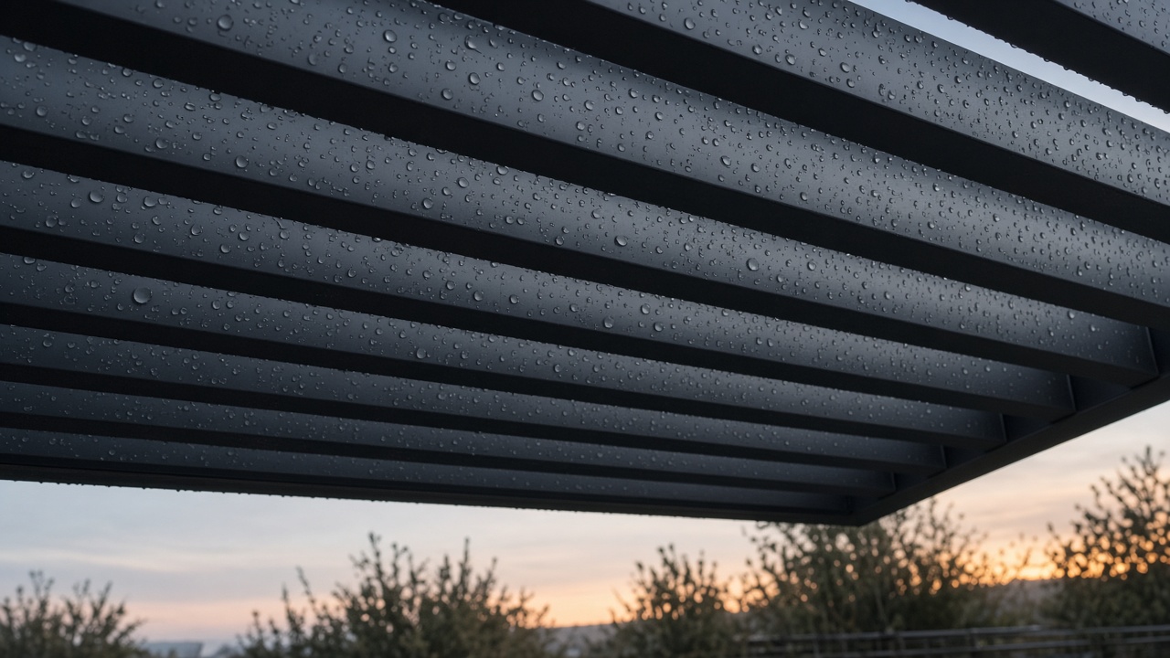 Even water droplets on the underside of aluminum louvers at dawn. Concept visualization · Not a customer installation