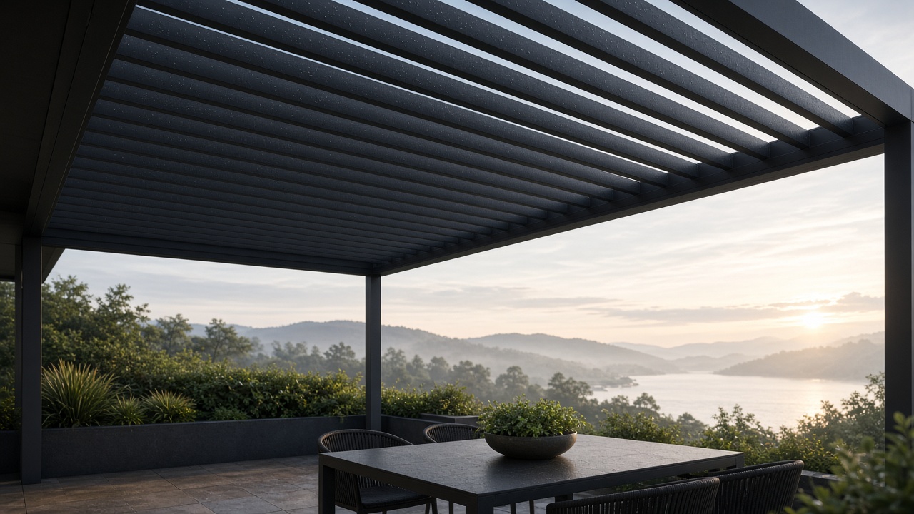 Dawn view under a louvered pergola with beads of water on the louvers. Concept visualization · Not a customer installation
