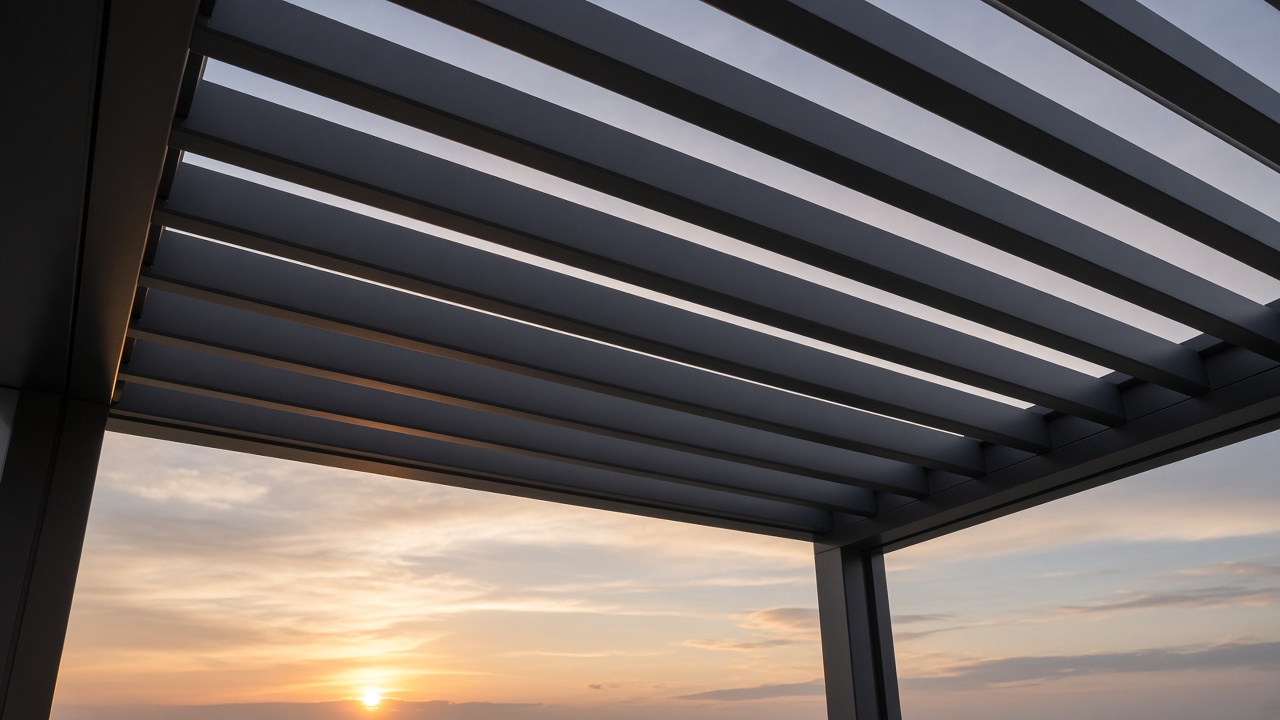 Aluminum louvers tilted slightly open at dawn. Concept visualization · Not a customer installation