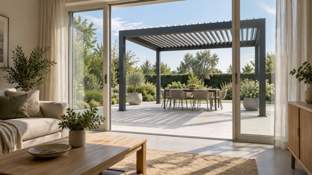 View from a living room toward a generic freestanding louvered pergola. Concept visualization · Not a customer installation