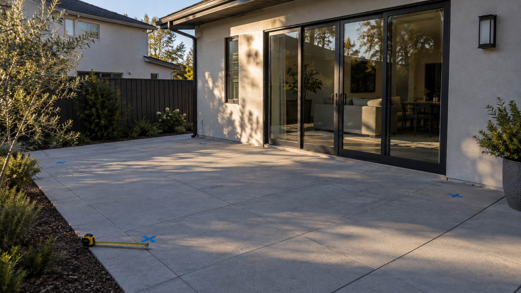 Empty patio with removable corner markers in front of large glass doors