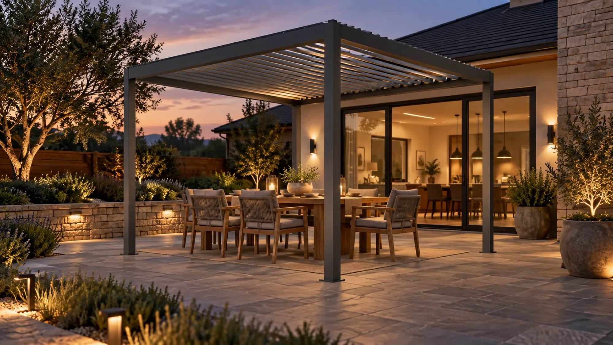 A quiet outdoor dining room. Concept visualization · Not a customer installation