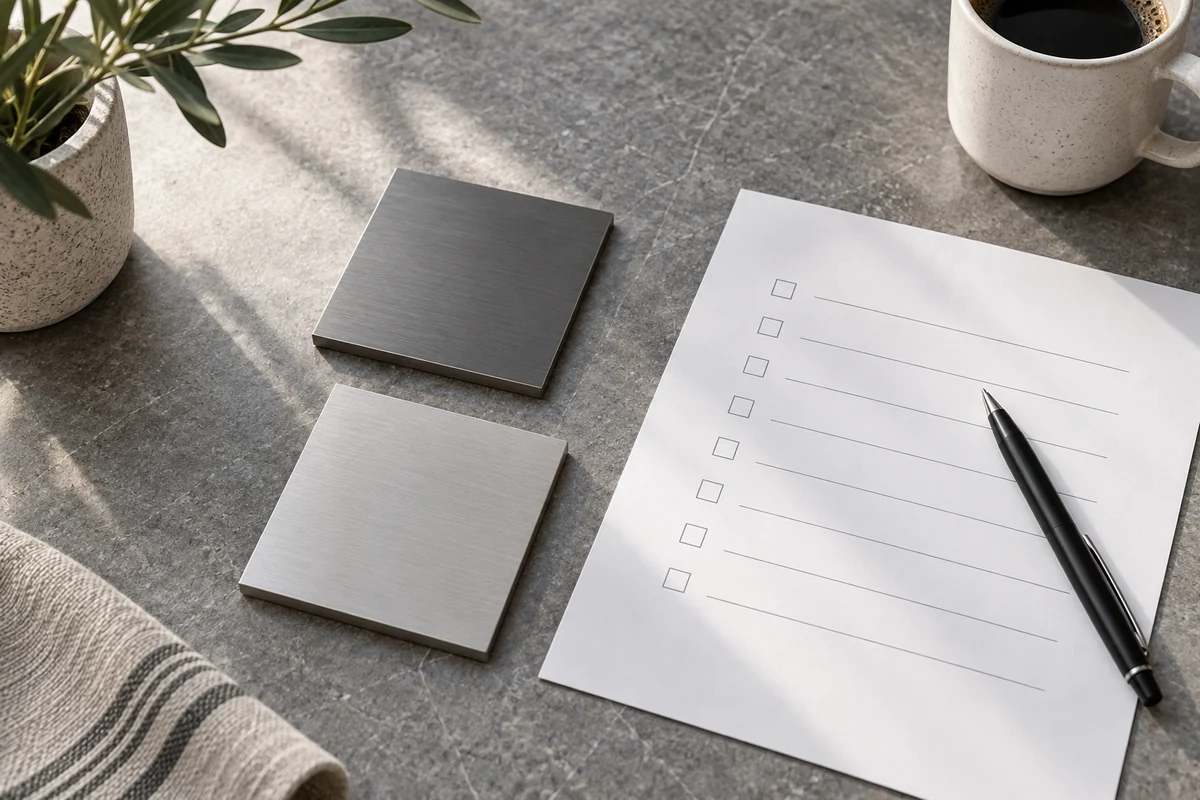 Generic aluminum finish samples beside a planning checklist. Concept visualization · Not a customer installation