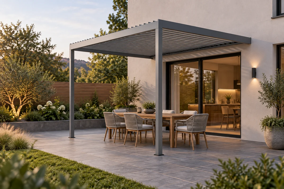 A two-post wall-mounted pergola beside a home. Concept visualization · Not a customer installation