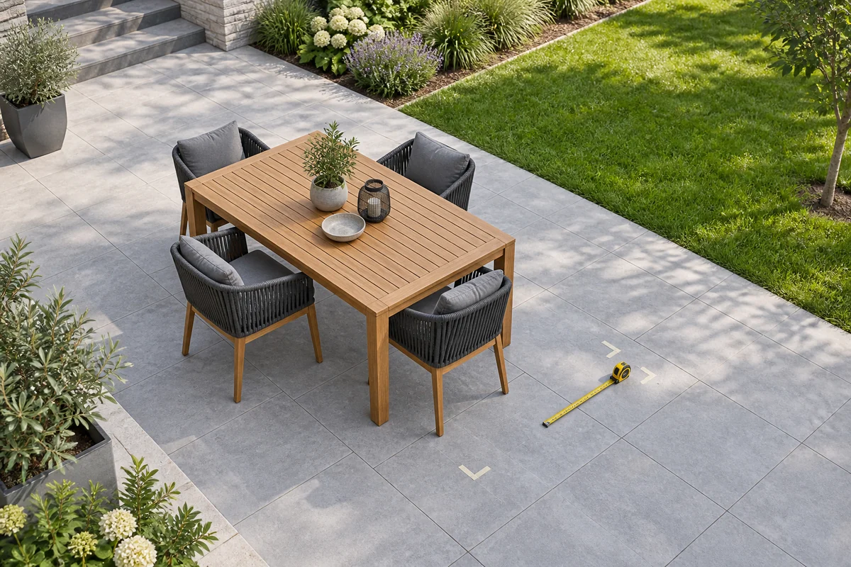 Outdoor dining furniture and a tape measure on a stone patio. Concept visualization · Not a customer installation