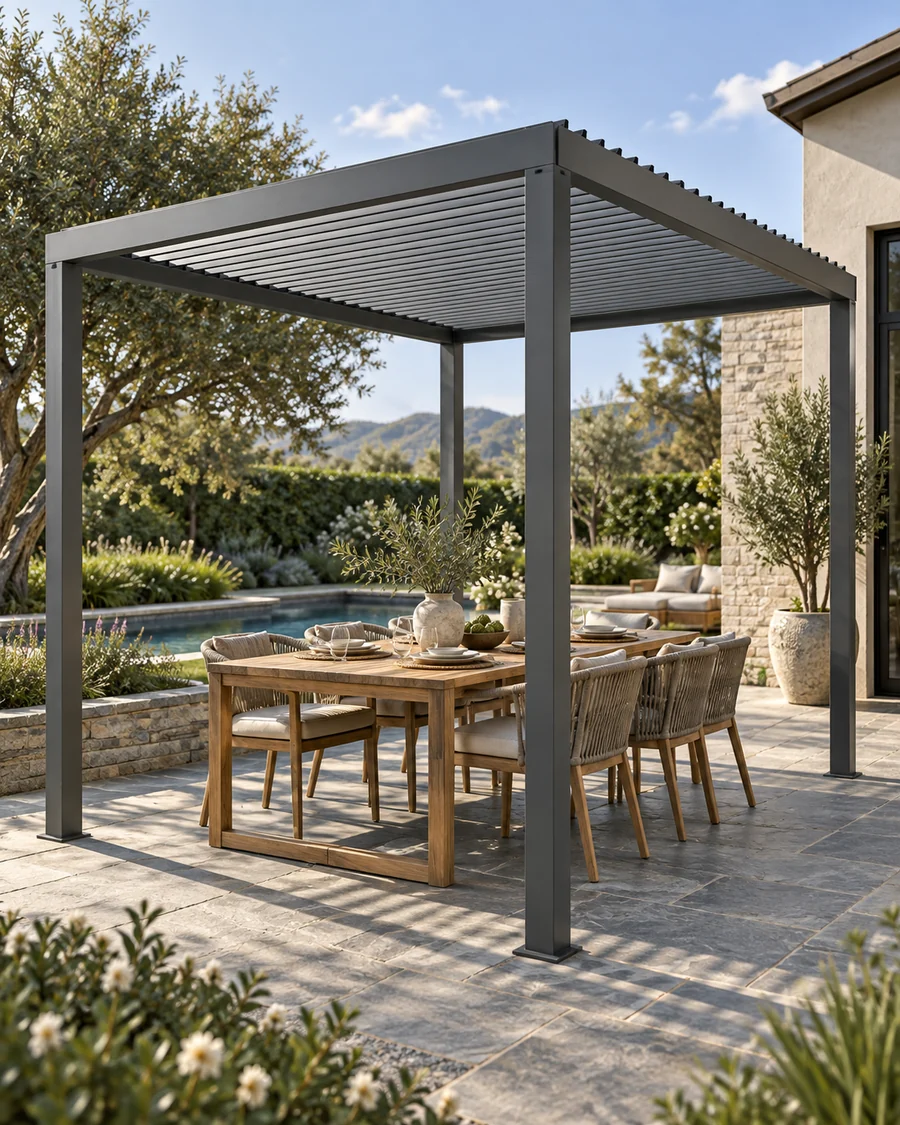An outdoor dining area beneath a pergola. Concept visualization · Not a customer installation