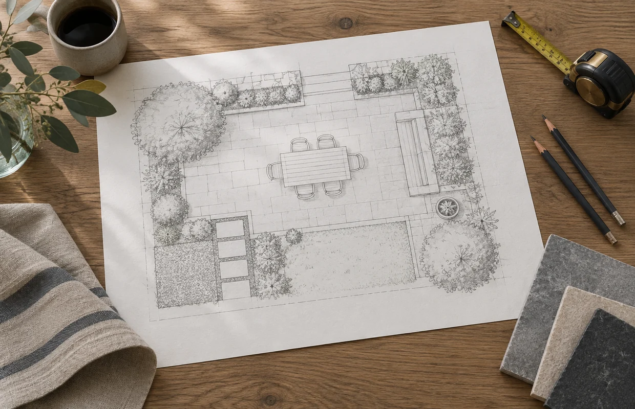 A patio layout sketched beside a tape measure and pencils. Concept visualization · Not a customer installation