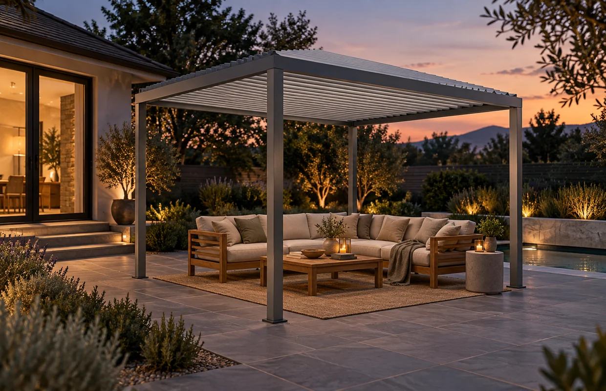 A lived-in outdoor lounge in the evening. Concept visualization · Not a customer installation