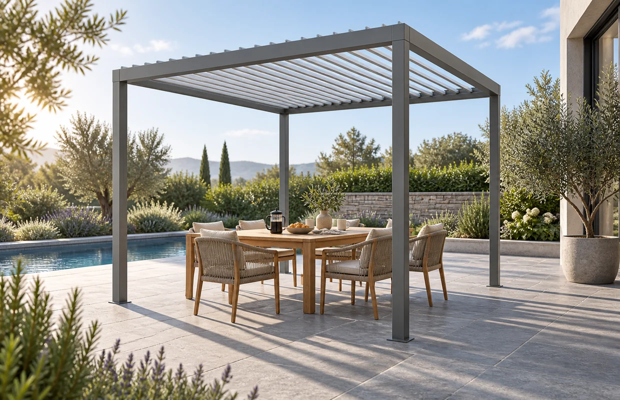 Breakfast beneath an open louvered roof. Concept visualization · Not a customer installation