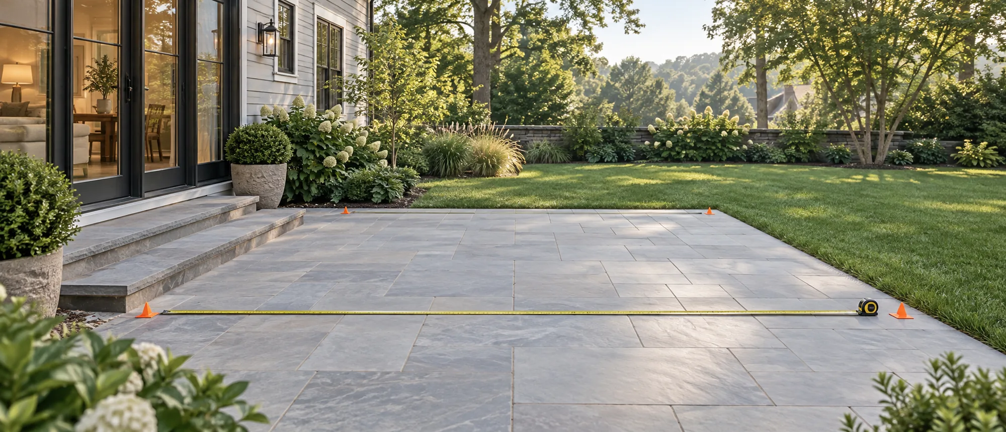 A backyard patio marked out for measuring. Concept visualization · Not a customer installation