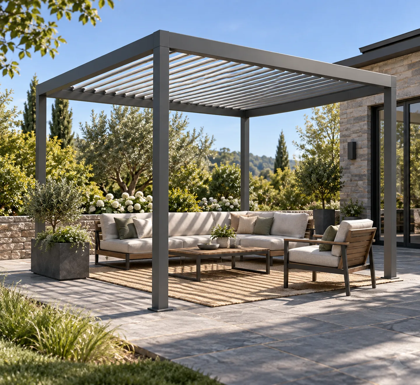 A pergola shading an outdoor lounge. Concept visualization · Not a customer installation