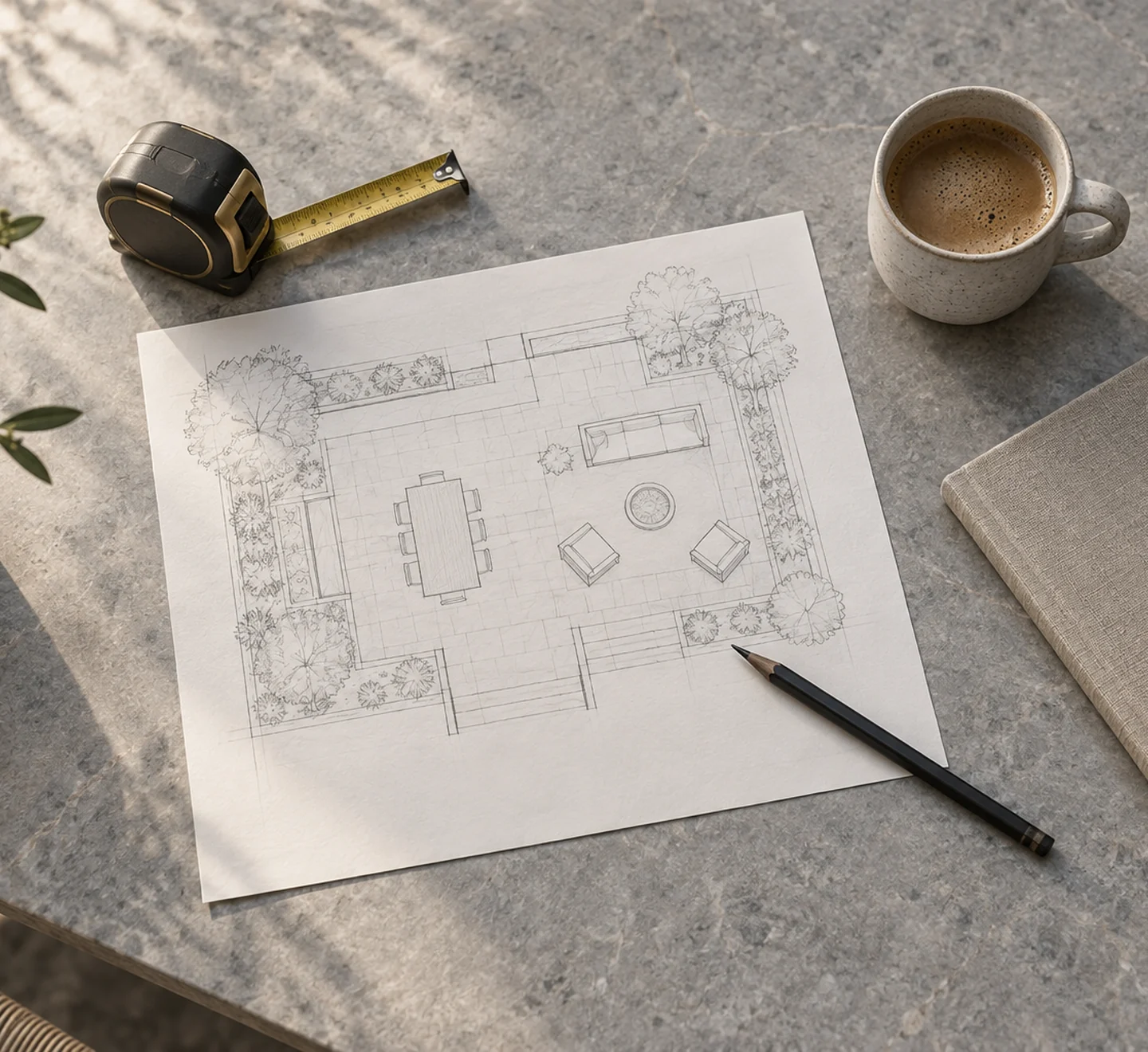 Backyard sketch, tape measure and coffee on a planning table. Concept visualization · Not a customer installation