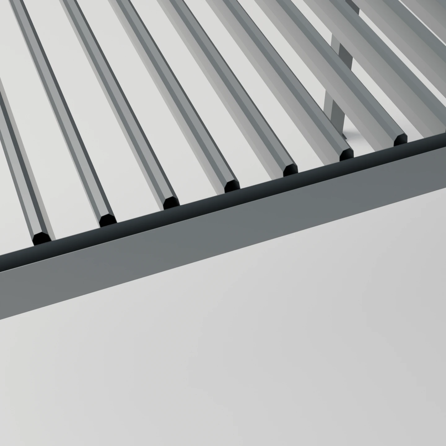 Louvers meeting the beam channel on the Louvano Sera Motorized Louvered Pergola. Concept visualization · Not a customer installation