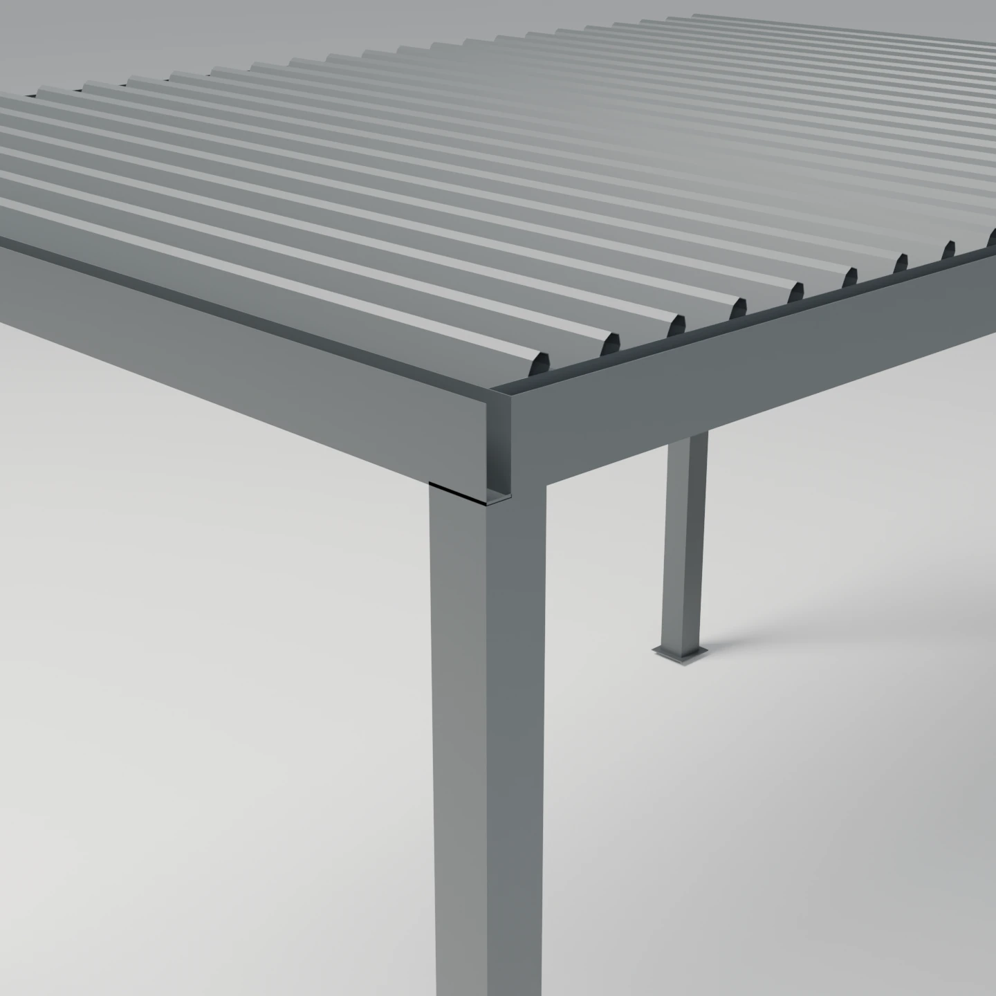 Aluminum frame of the Louvano Sera Motorized Louvered Pergola. Concept visualization · Not a customer installation