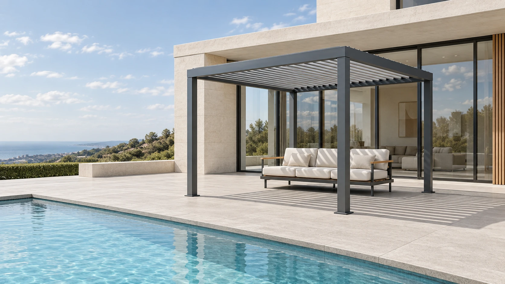 Louvano Sera Motorized Louvered Pergola on a terrace between a modern home and a pool. Concept visualization · Not a customer installation