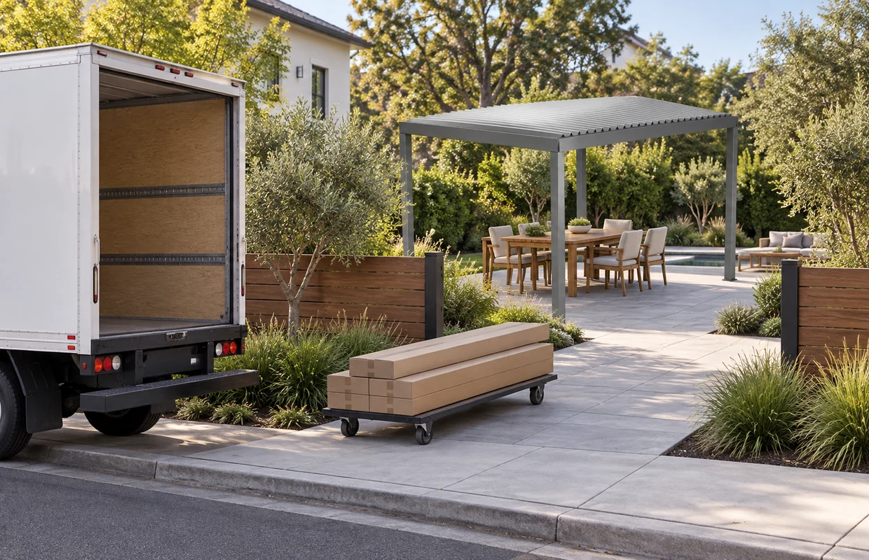 Packaged pergola parts on a cart beside a delivery truck, with a pergola set up behind. Concept visualization · Not a customer installation