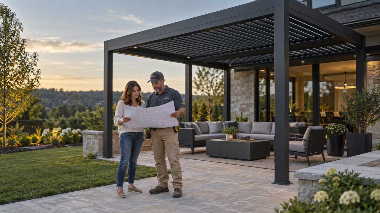 A homeowner and contractor review a patio plan beside a proposed motorized louvered pergola. Concept visualization · Not a customer installation