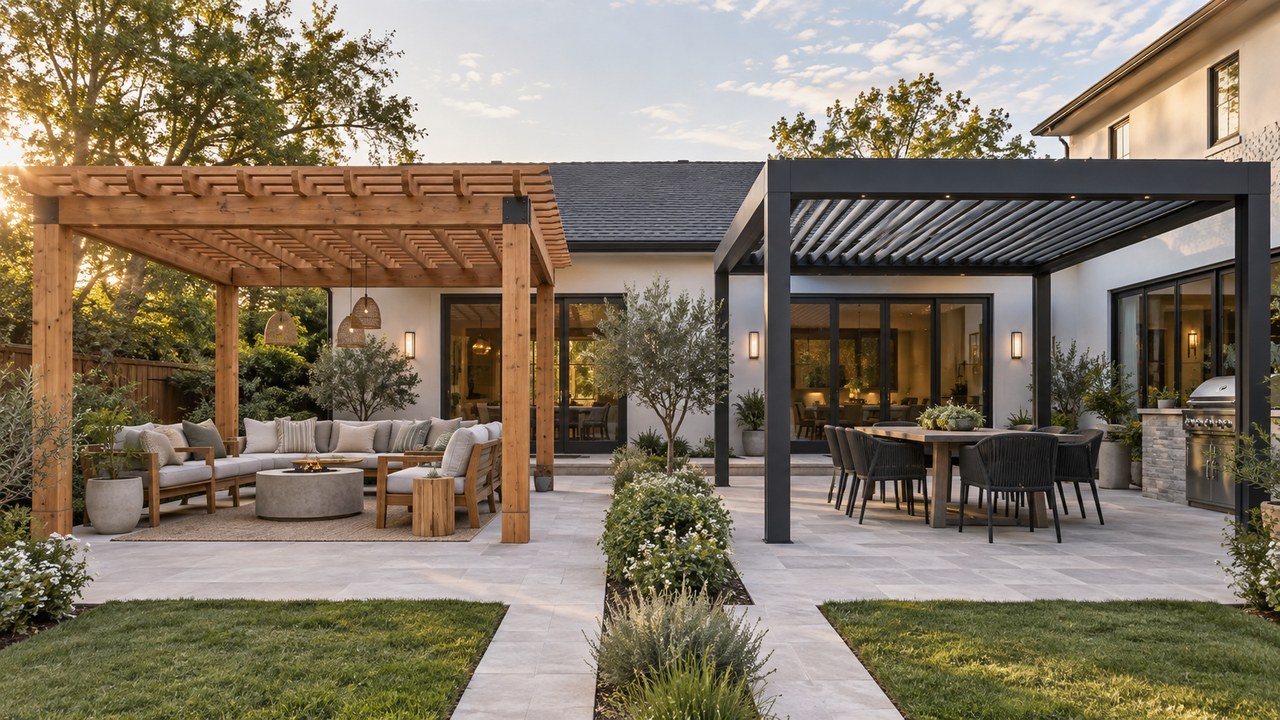 A wood pergola and an aluminum louvered pergola stand in comparable residential patios. Concept visualization · Not a customer installation